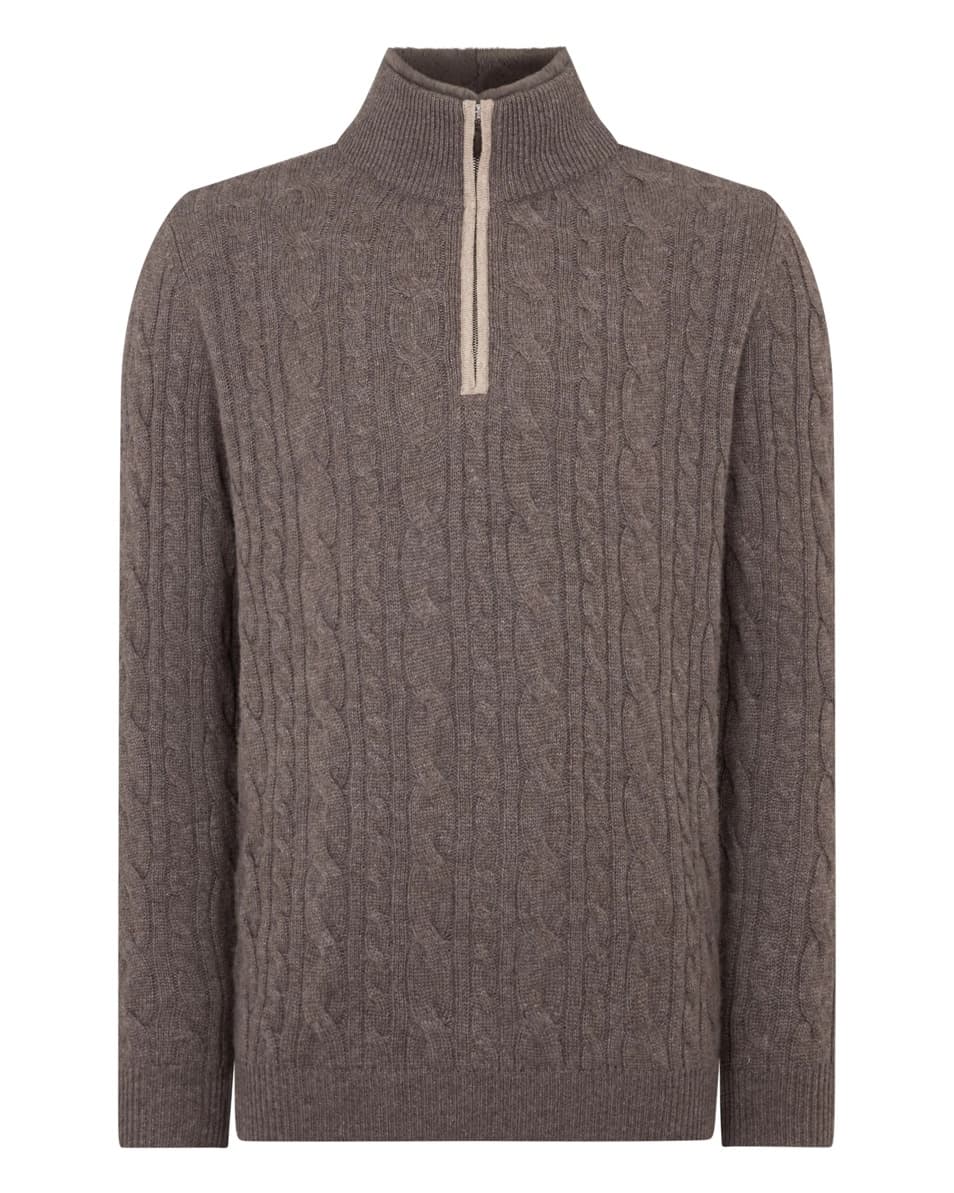 Men's Classic Brown Cable Knit Quarter Zip Sweater Wool Neck — view 6