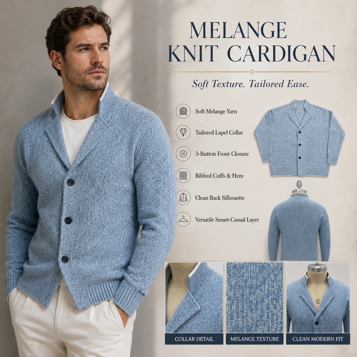 Men's Cotton V Neck Cardigan — view 4