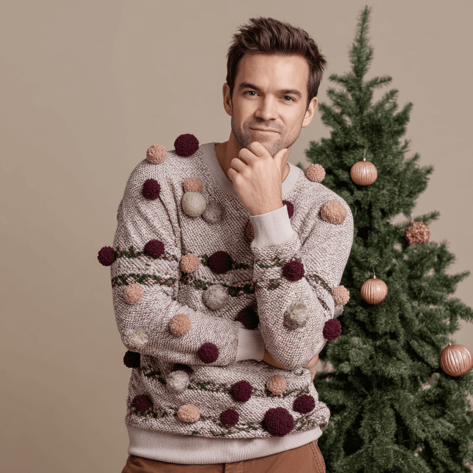 Men's Cream 3D Pom-Pom Christmas Sweater