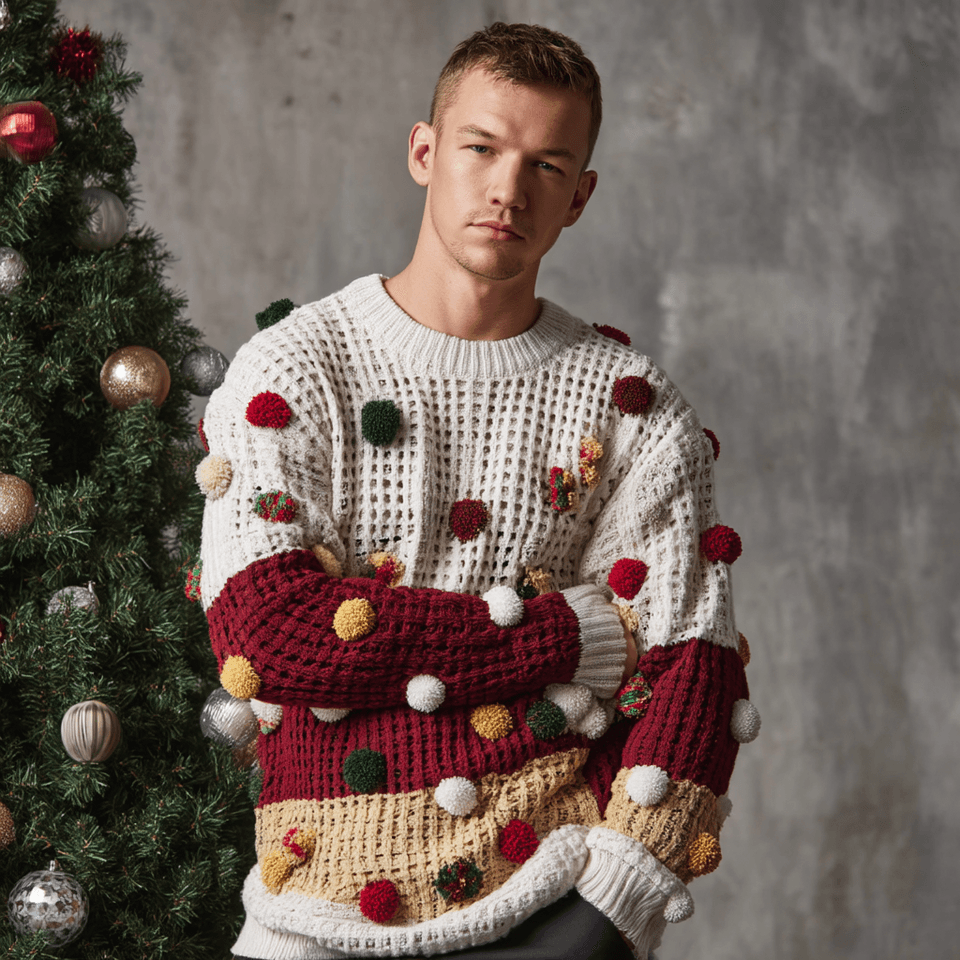Men's Cream 3D Pom-Pom Christmas Sweater — view 2