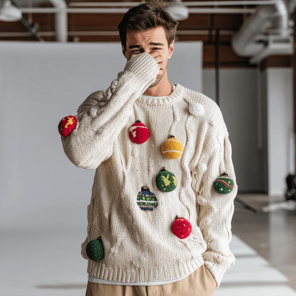 Men's Cream 3D Pom-Pom Christmas Sweater — view 3