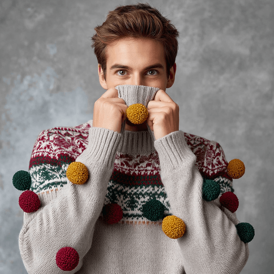 Men's Cream 3D Pom-Pom Christmas Sweater — view 5