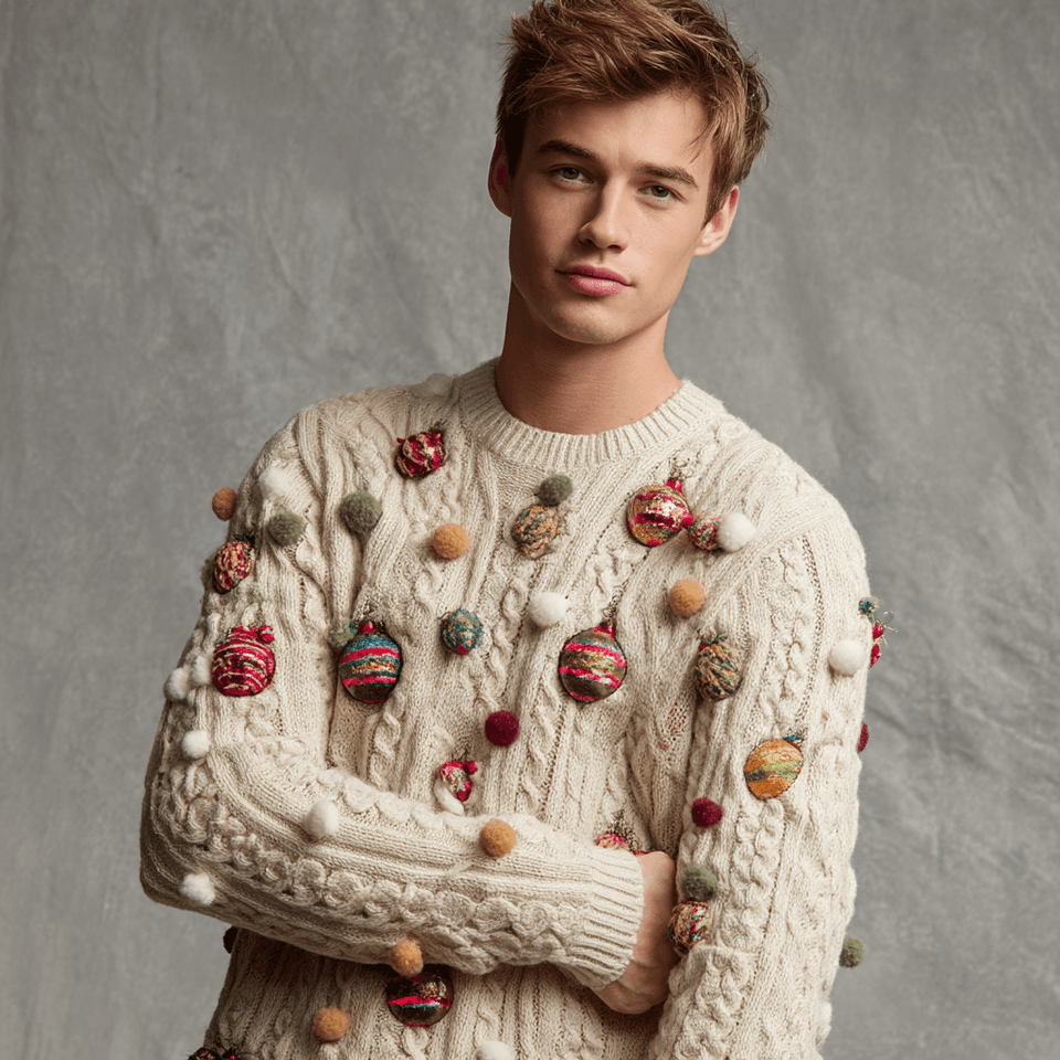 Men's Cream 3D Pom-Pom Christmas Sweater — view 6