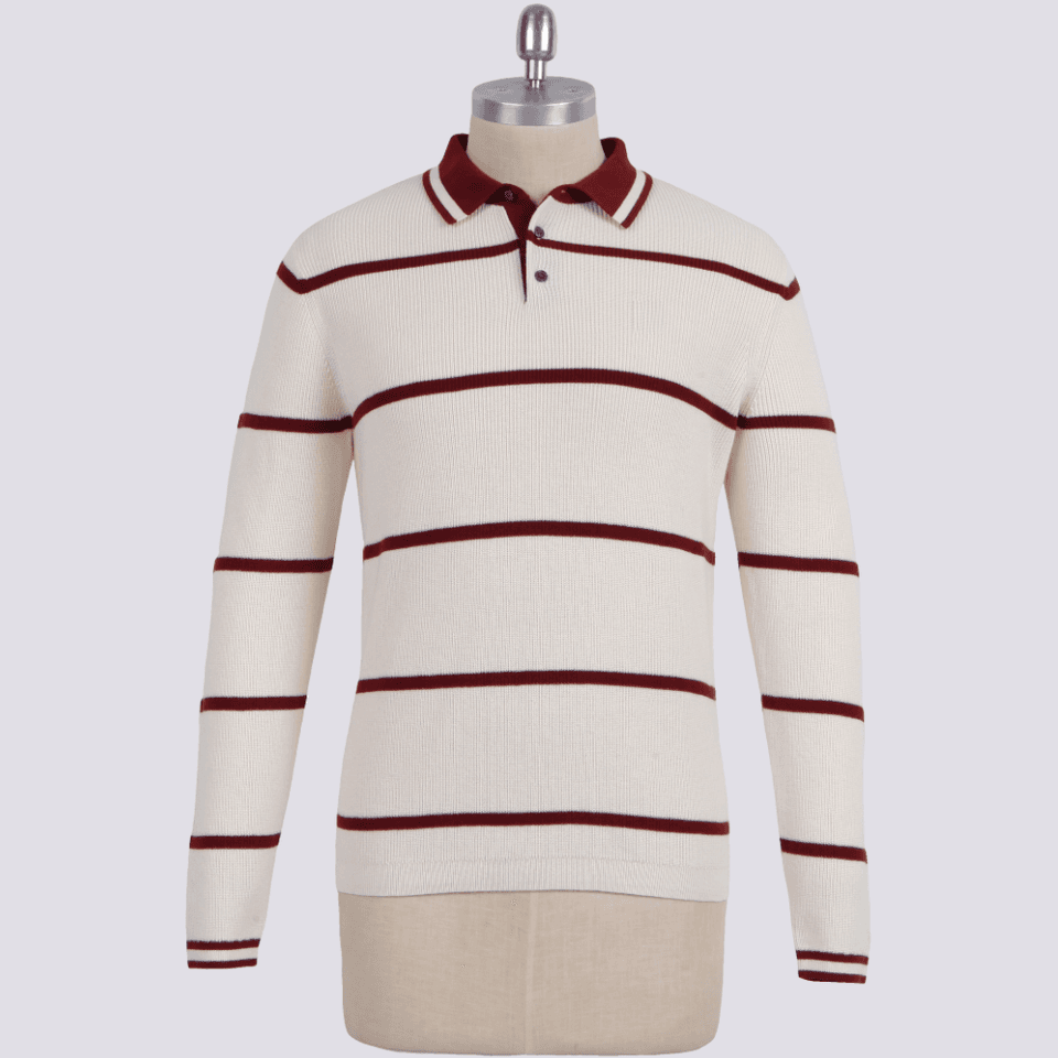 Men's Cream and Burgundy Striped Long-Sleeve Cotton Knit Polo — view 2