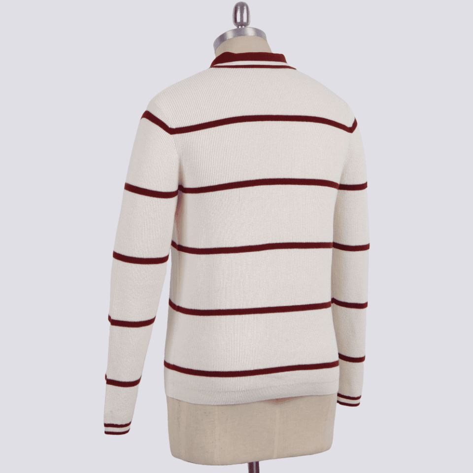 Men's Cream and Burgundy Striped Long-Sleeve Cotton Knit Polo — view 3