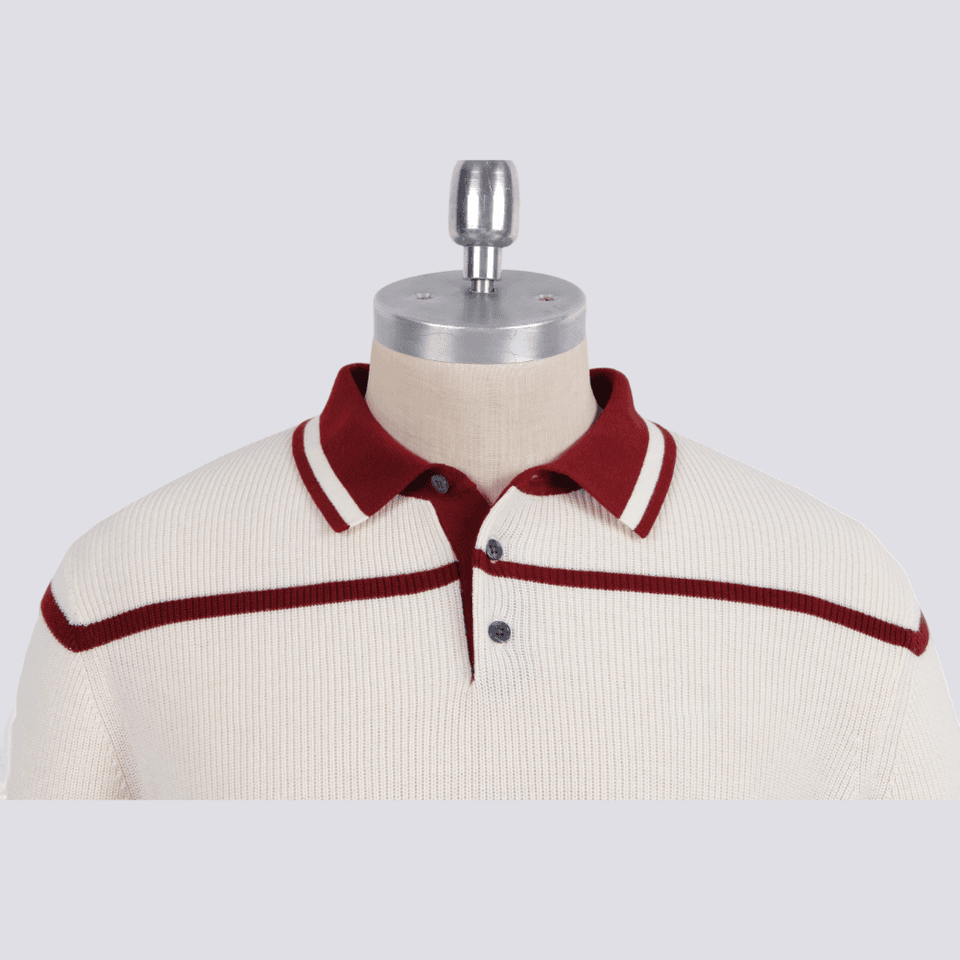 Men's Cream and Burgundy Striped Long-Sleeve Cotton Knit Polo — view 4