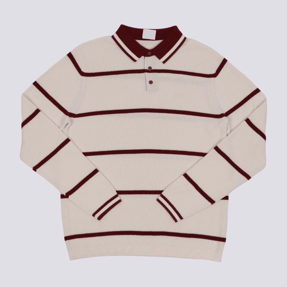Men's Cream and Burgundy Striped Long-Sleeve Cotton Knit Polo — view 5