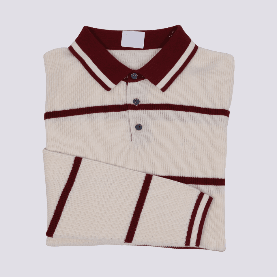 Men's Cream and Burgundy Striped Long-Sleeve Cotton Knit Polo — view 6
