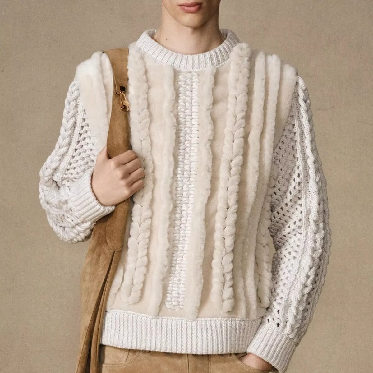 Men's Cream Cable Knit Sweater Faux Fur Crew Neck