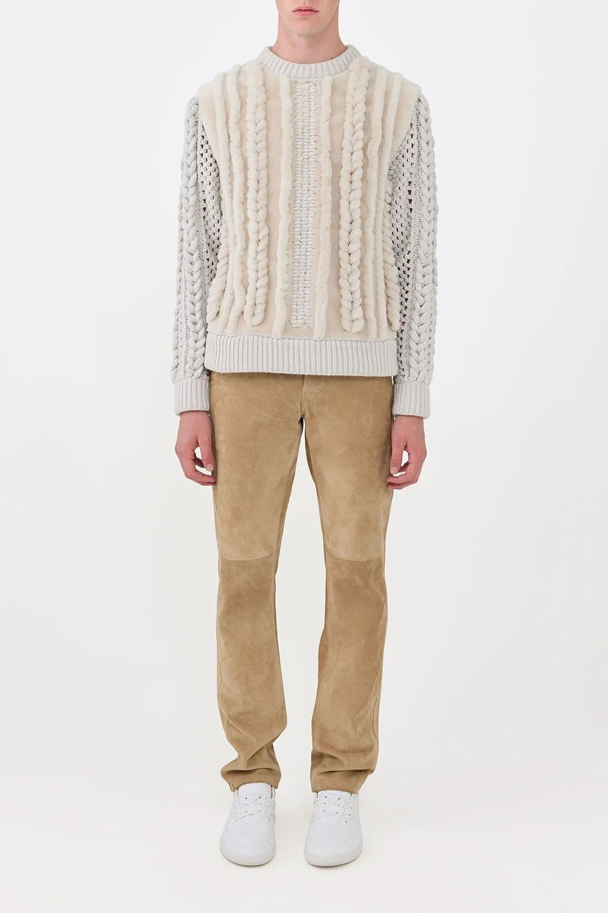 Men's Cream Cable Knit Sweater Faux Fur Crew Neck — view 2
