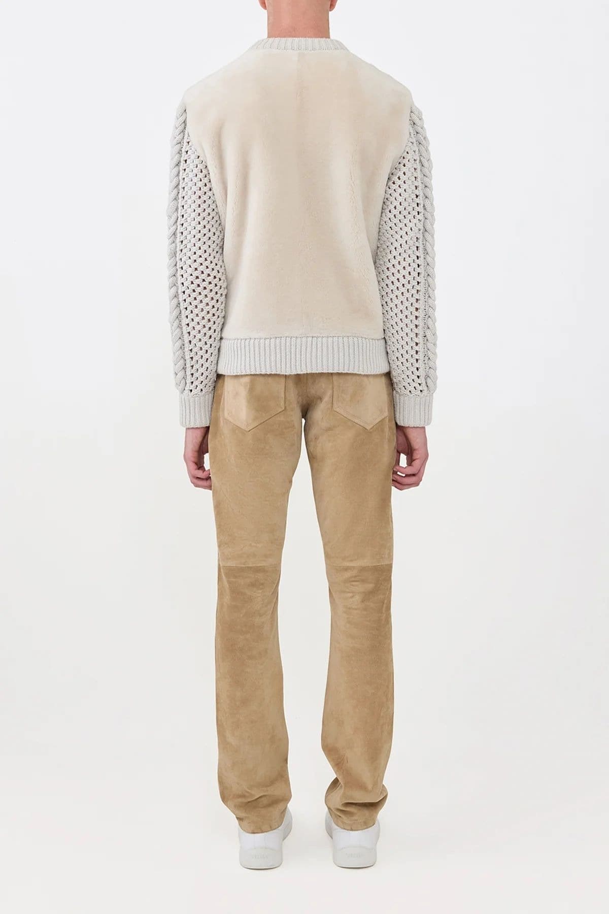Men's Cream Cable Knit Sweater Faux Fur Crew Neck — view 3