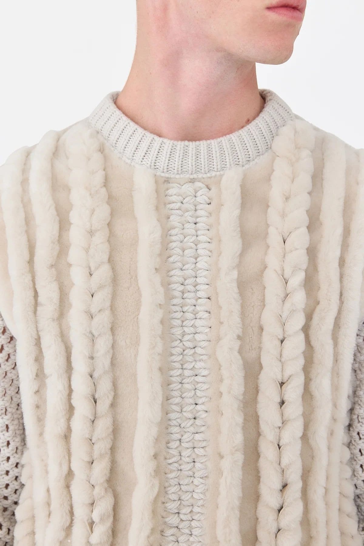 Men's Cream Cable Knit Sweater Faux Fur Crew Neck — view 4