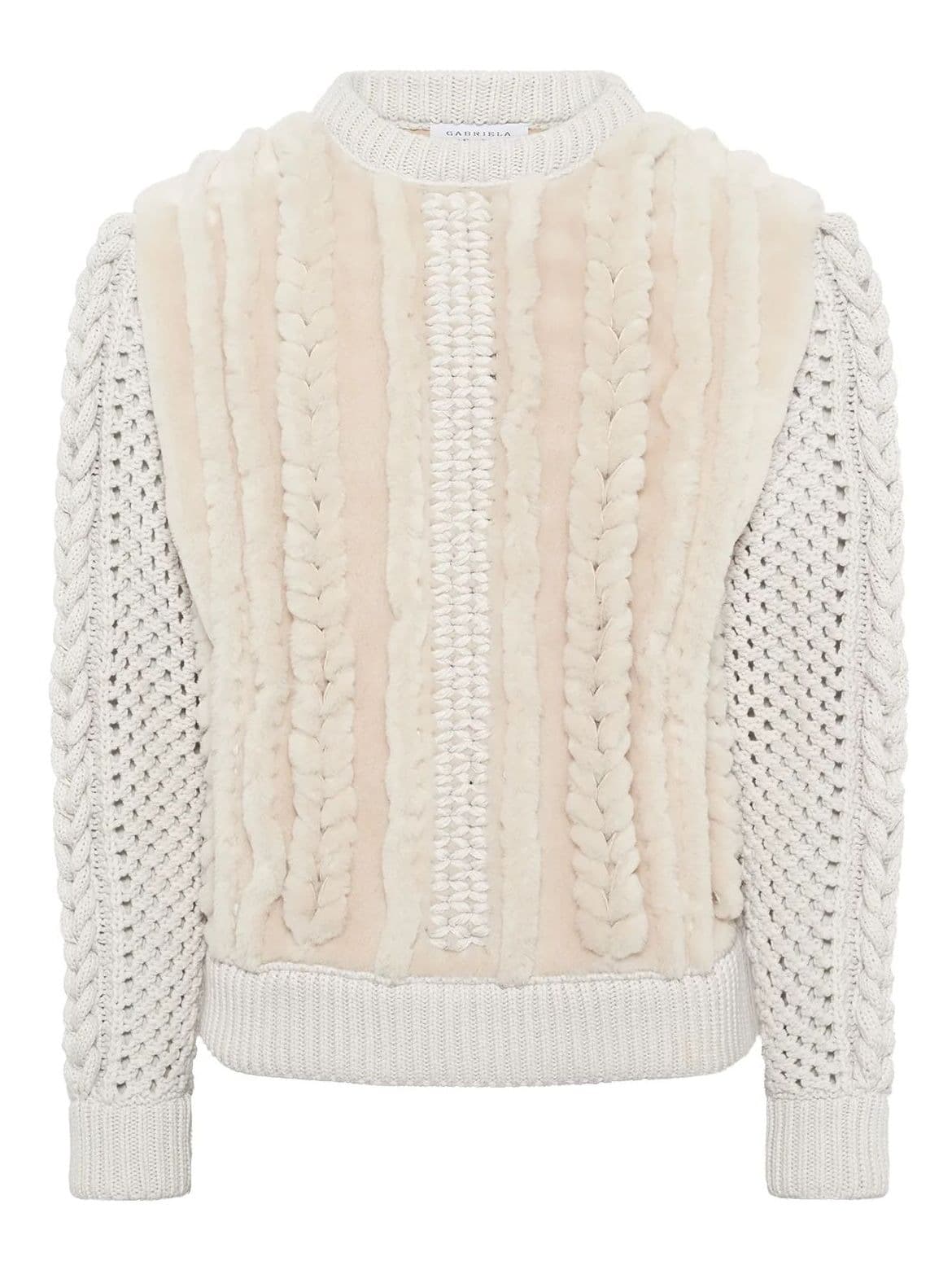 Men's Cream Cable Knit Sweater Faux Fur Crew Neck — view 5