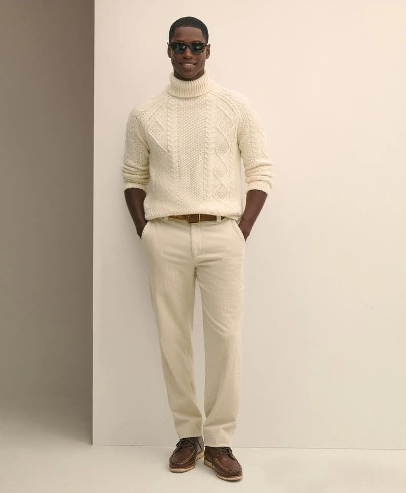 Men's Cream Cable Knit Turtleneck Sweater Braided Neck — view 2