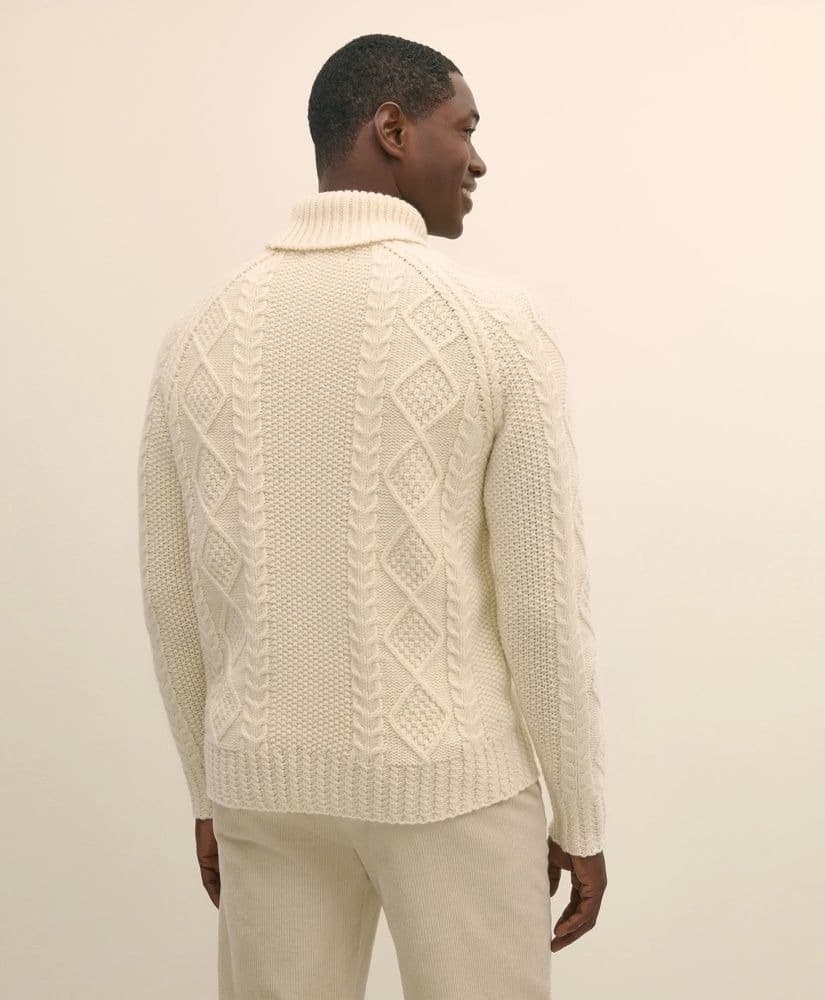 Men's Cream Cable Knit Turtleneck Sweater Braided Neck — view 3