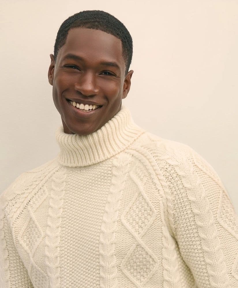 Men's Cream Cable Knit Turtleneck Sweater Braided Neck — view 4