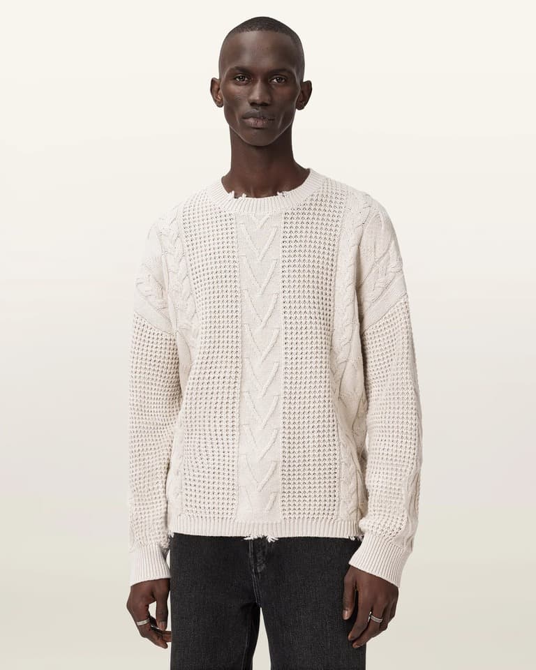 Men's Cream Distressed Open Knit Crew Neck Sweater - view 2