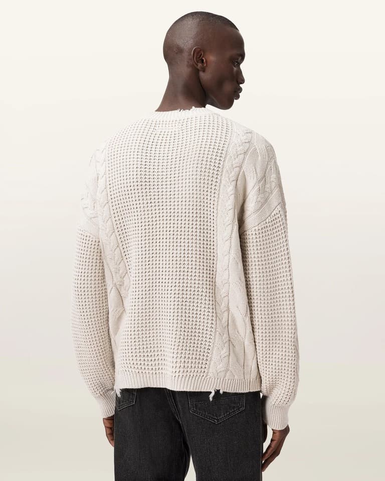 Men's Cream Distressed Open Knit Crew Neck Sweater - view 3