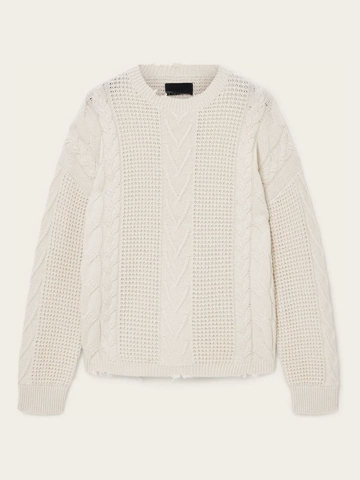 Men's Cream Distressed Open Knit Crew Neck Sweater - view 6