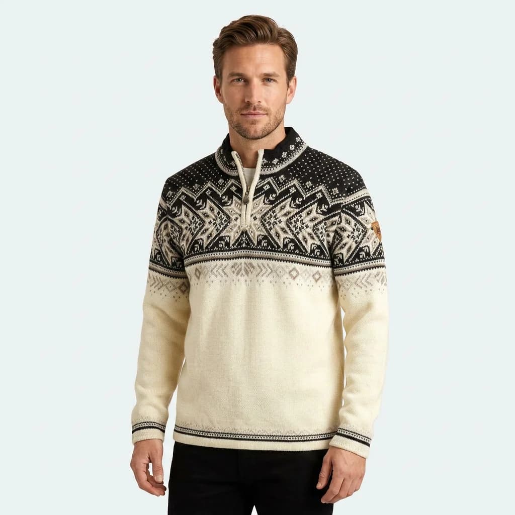 Men's Cream Fair Isle Quarter Zip Sweater Geometric