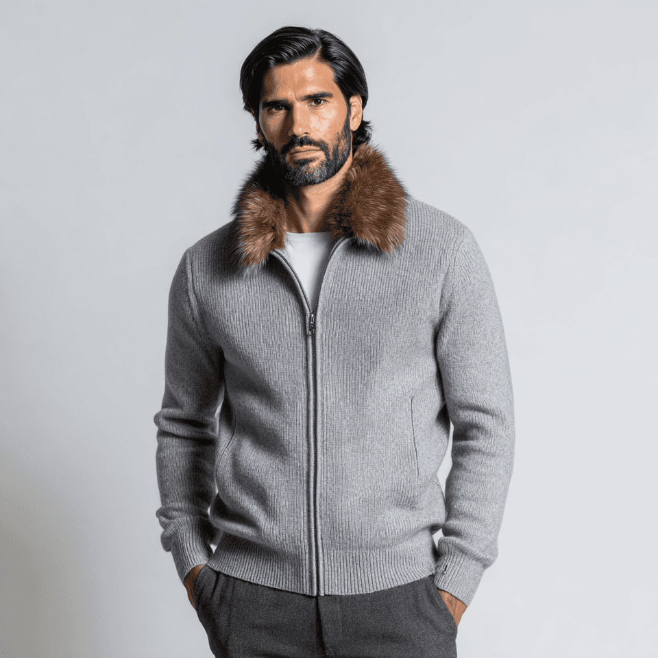 Men's Cream Knit Full Zip Jacket Removable Fur Collar — view 2