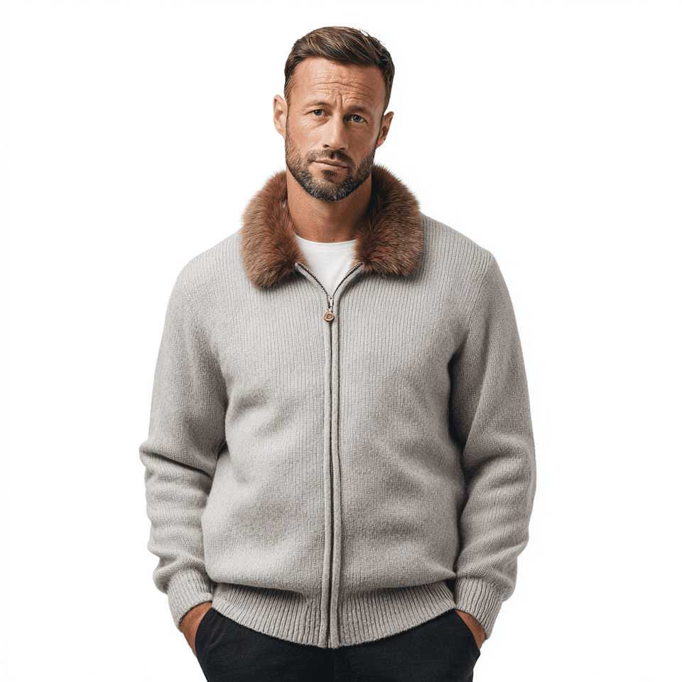 Men's Cream Knit Full Zip Jacket Removable Fur Collar — view 3