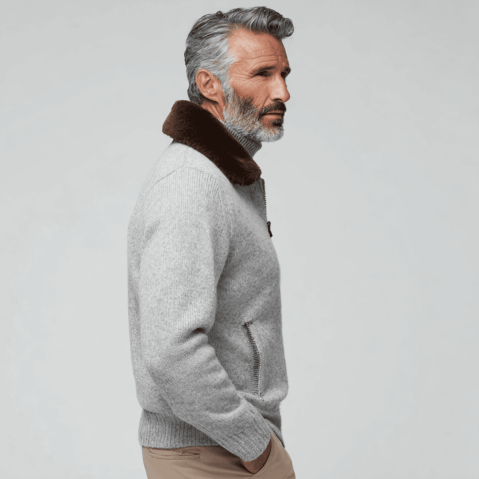 Men's Cream Knit Full Zip Jacket Removable Fur Collar — view 5