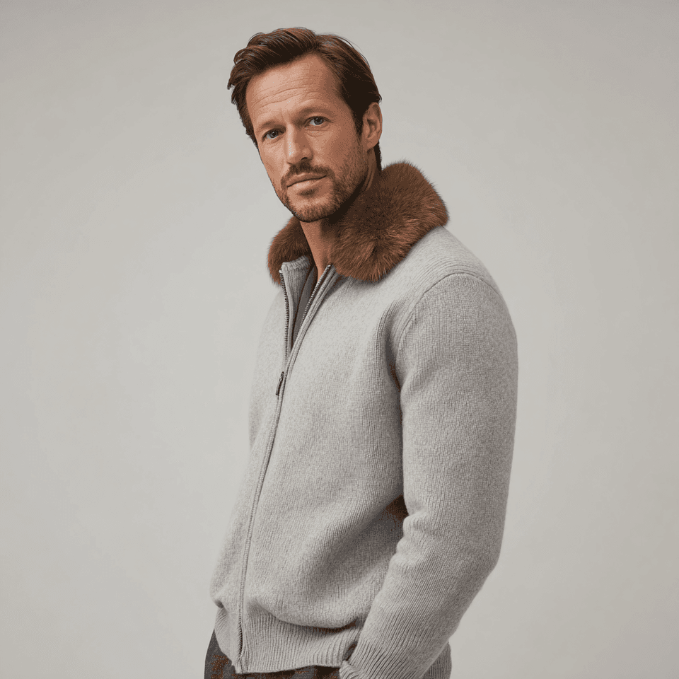 Men's Cream Knit Full Zip Jacket Removable Fur Collar — view 6