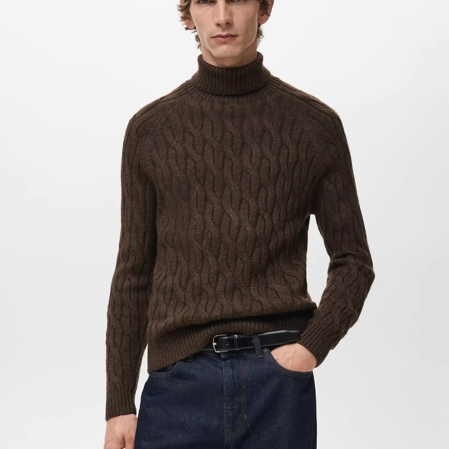 Men's Dark Brown Cable Knit Turtleneck Sweater Braided