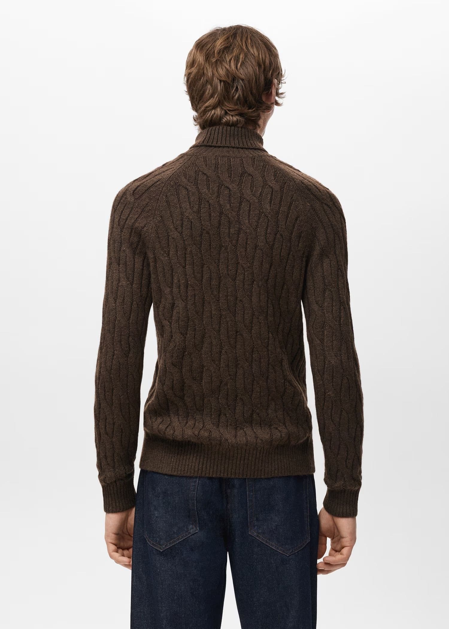 Men's Dark Brown Cable Knit Turtleneck Sweater Braided — view 2