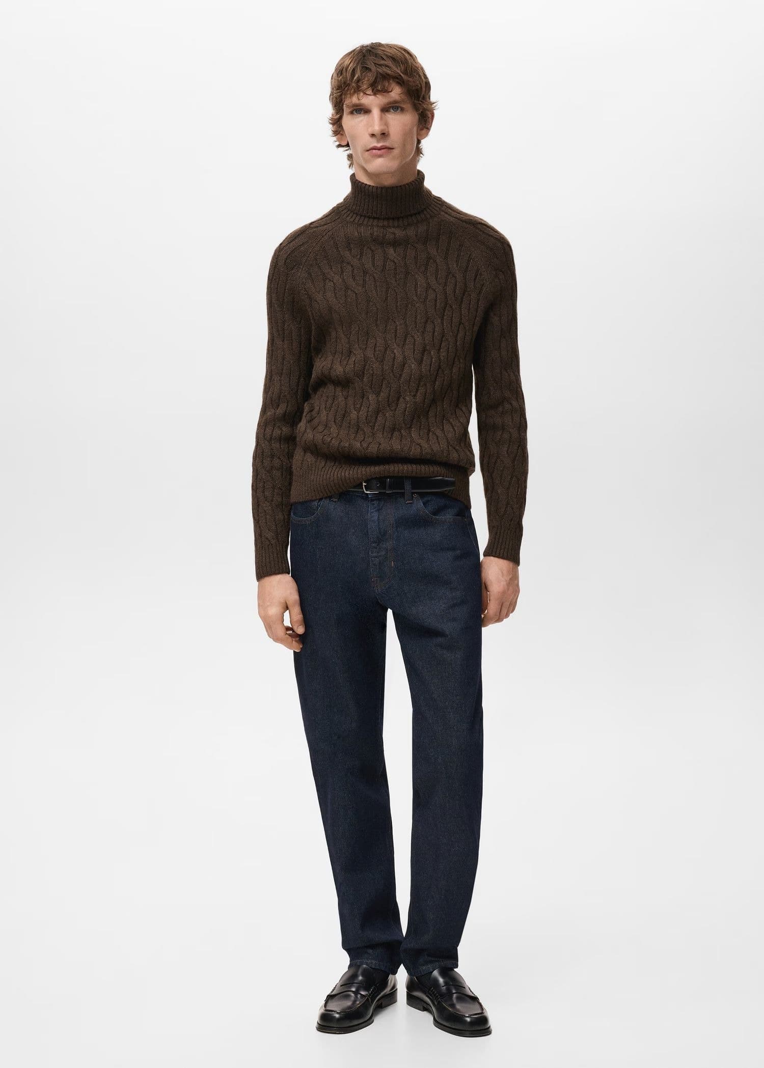 Men's Dark Brown Cable Knit Turtleneck Sweater Braided — view 3