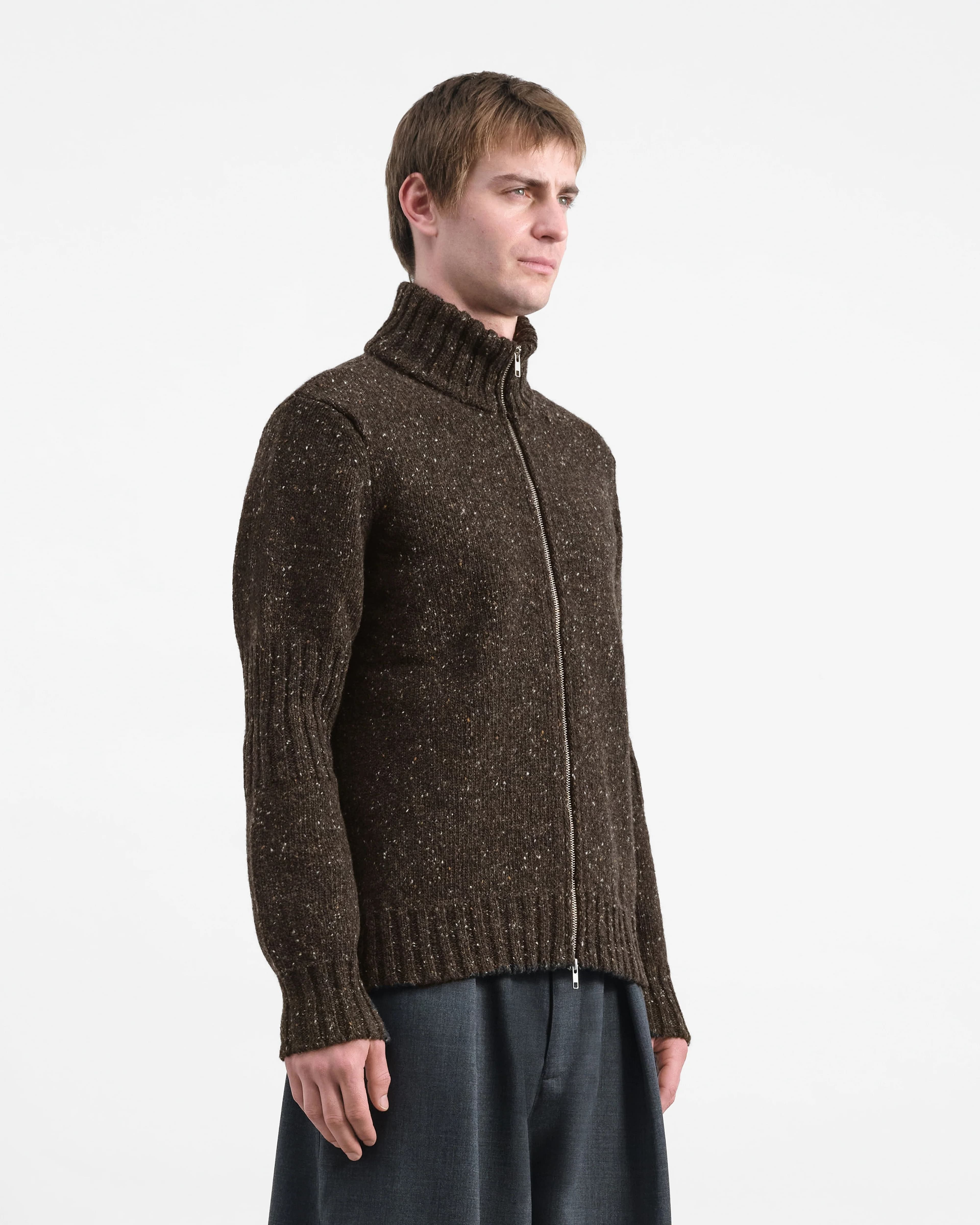 Men's Dark Brown Chunky Ribbed Full Zip Cardigan — view 2