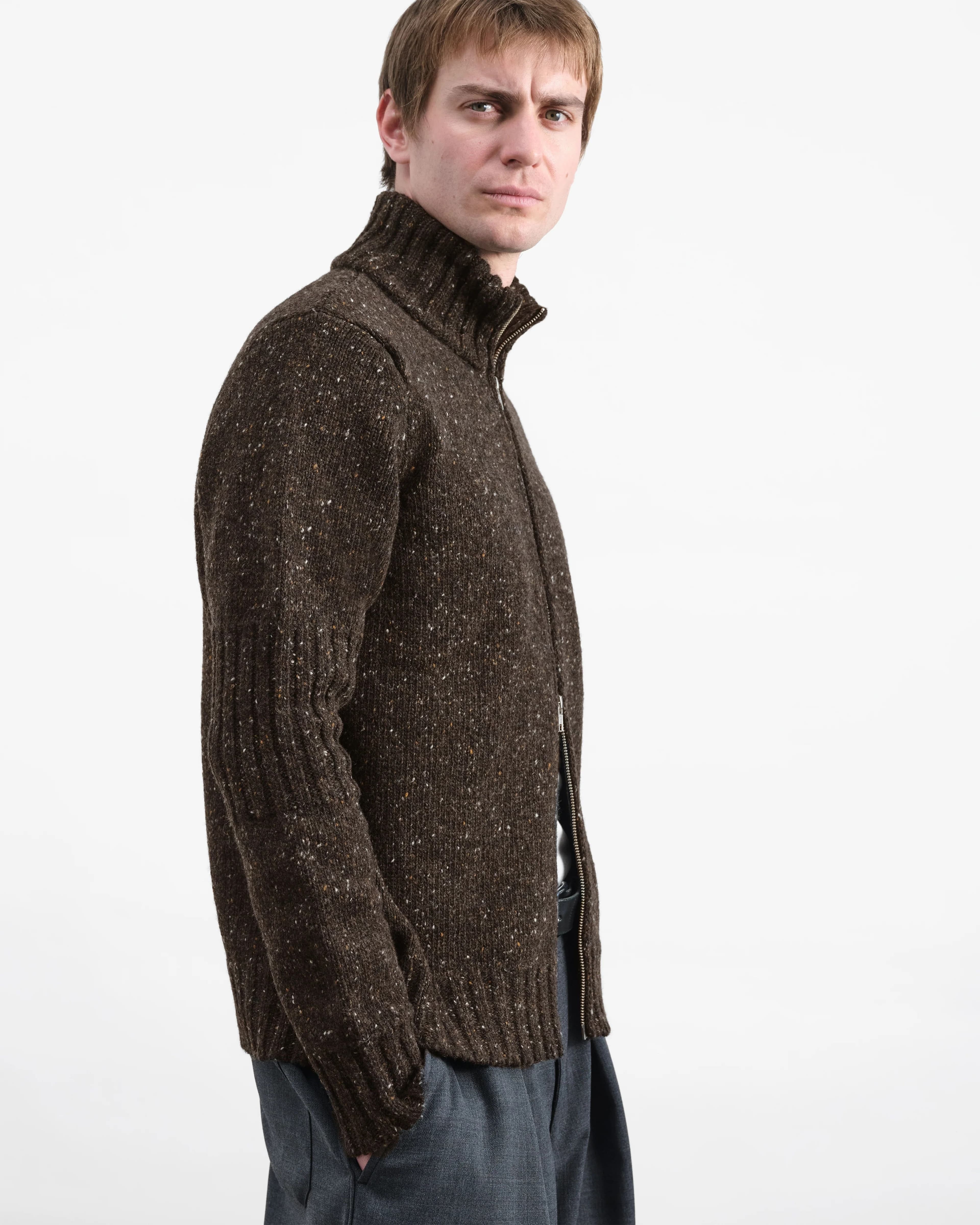 Men's Dark Brown Chunky Ribbed Full Zip Cardigan — view 3