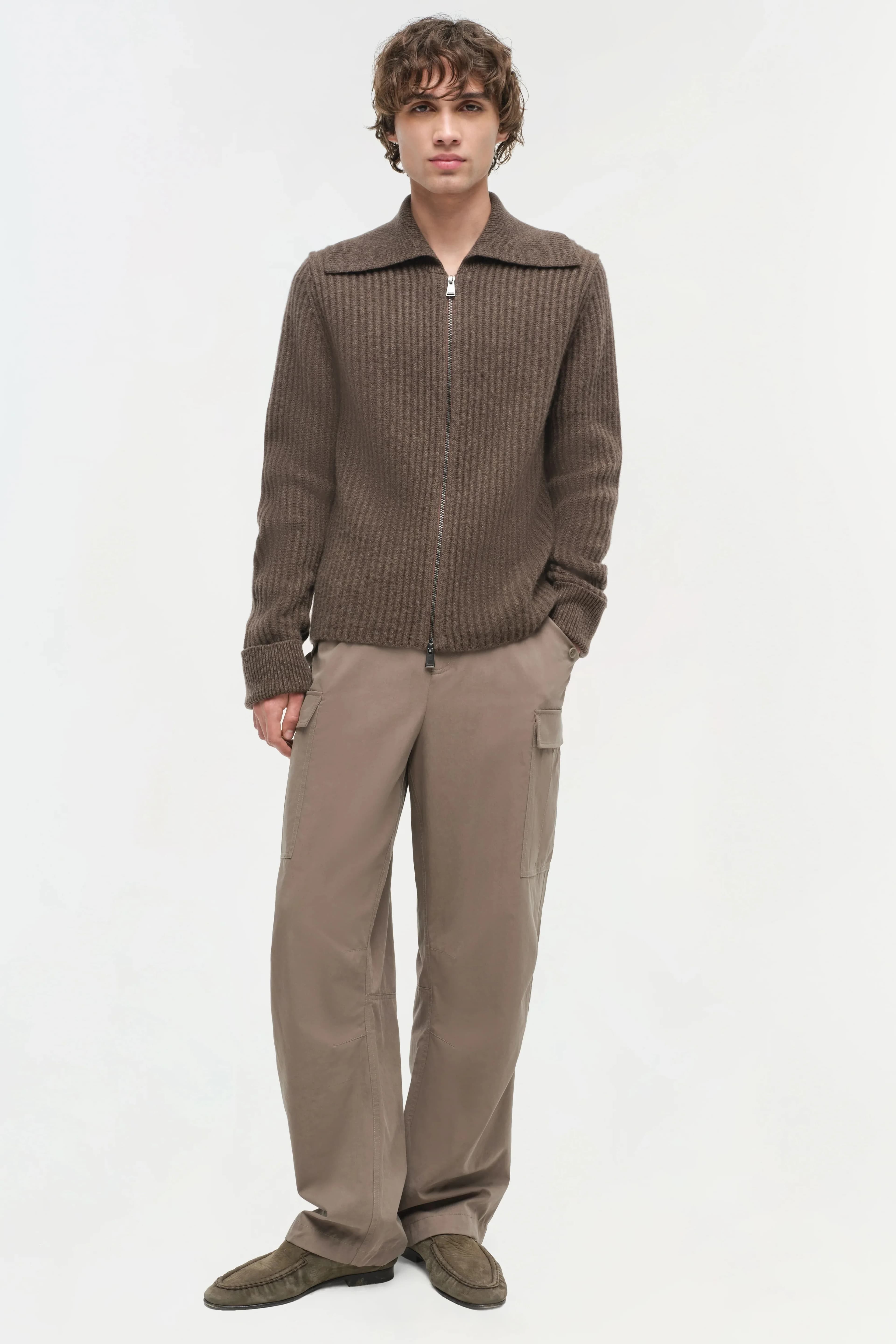 Men's Dark Brown Full Zip Cardigan Mock Neck Wool — view 2