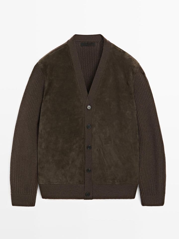 Men's Dark Brown Suede Front Knit Sleeve Cardigan Jacket — view 3