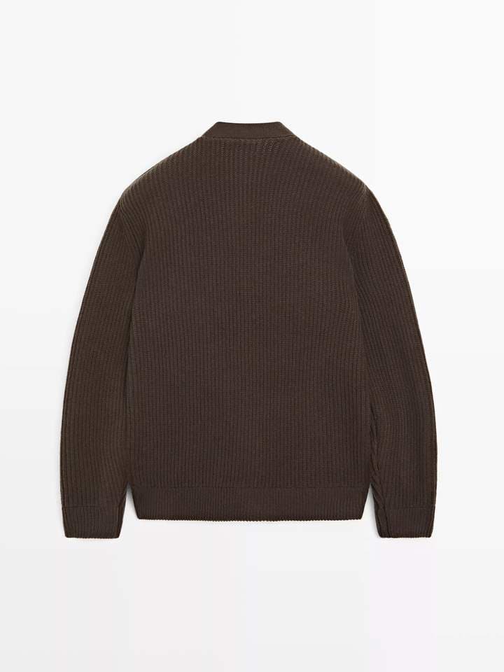 Men's Dark Brown Suede Front Knit Sleeve Cardigan Jacket — view 5