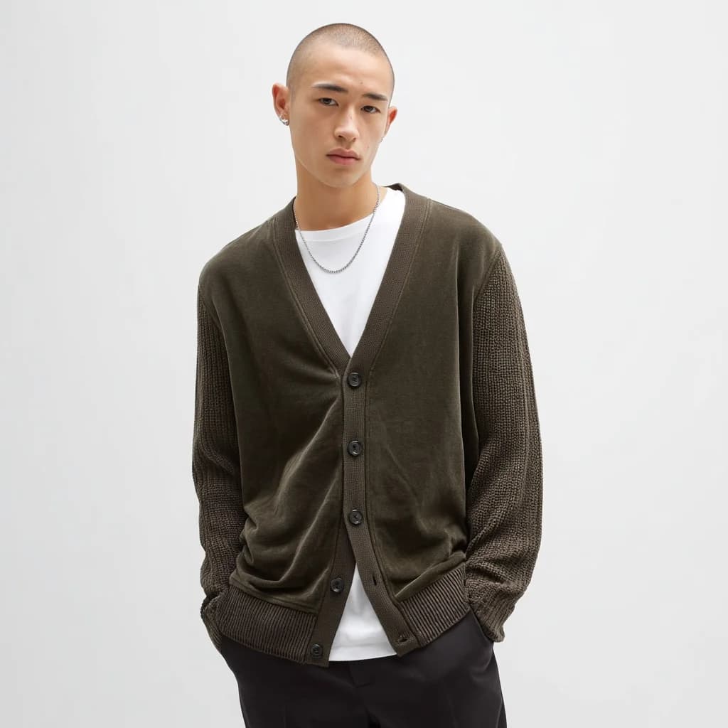 Men's Dark Brown Suede V Neck Cardigan
