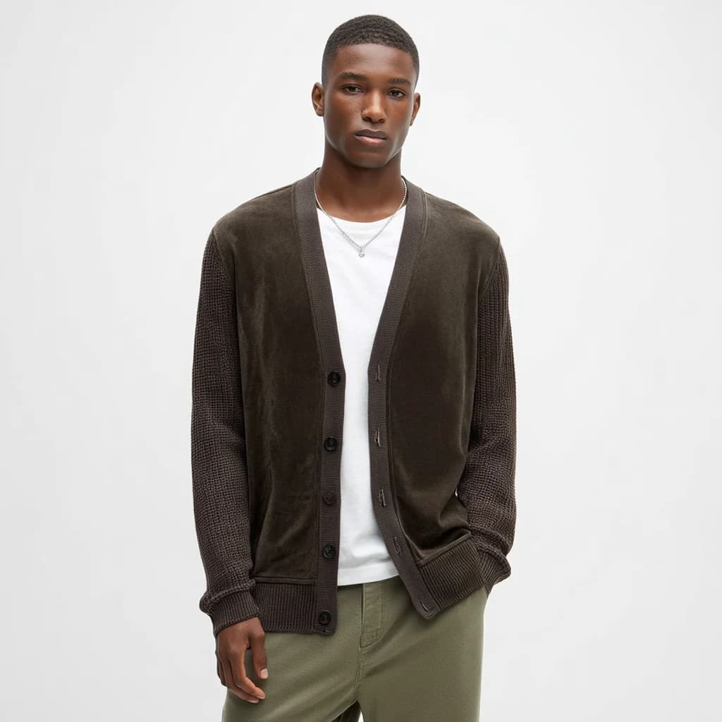 Men's Dark Brown Suede V Neck Cardigan — view 2