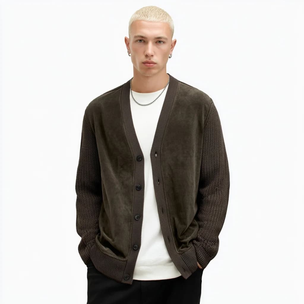 Men's Dark Brown Suede V Neck Cardigan — view 3