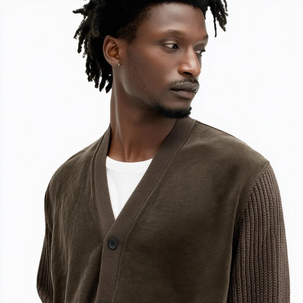 Men's Dark Brown Suede V Neck Cardigan — view 4