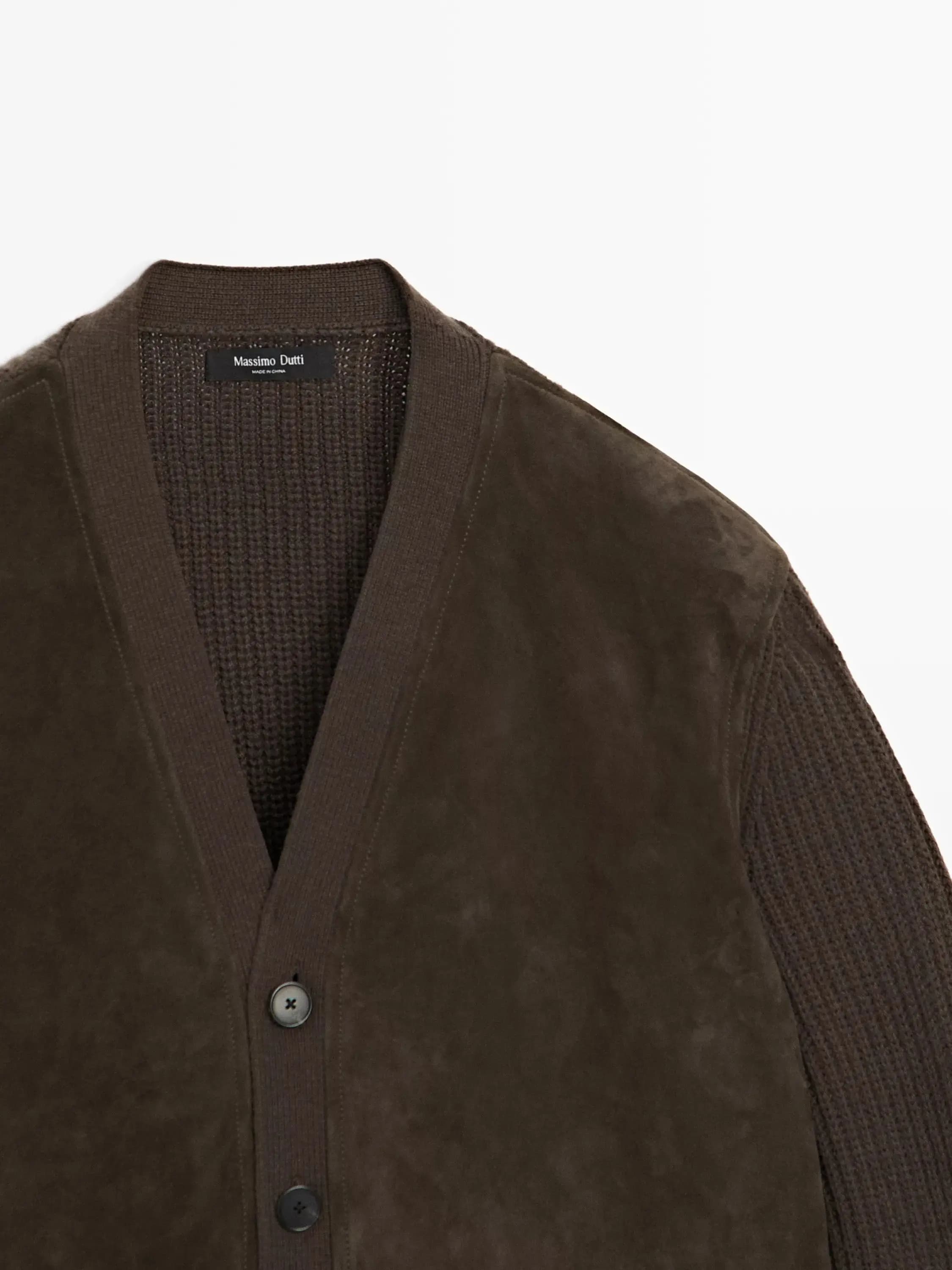 Men's Dark Brown Suede V Neck Cardigan — view 5