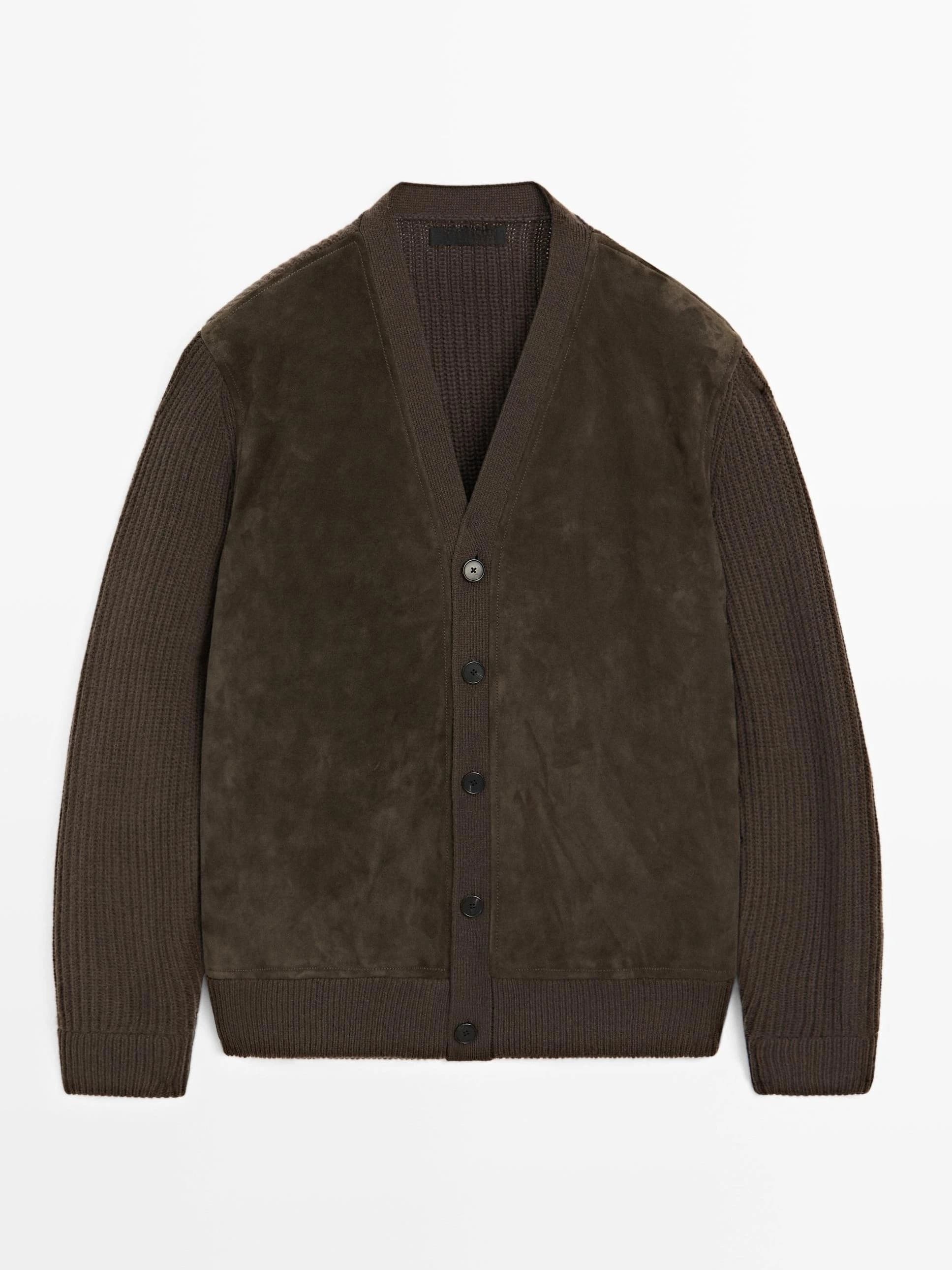 Men's Dark Brown Suede V Neck Cardigan — view 7