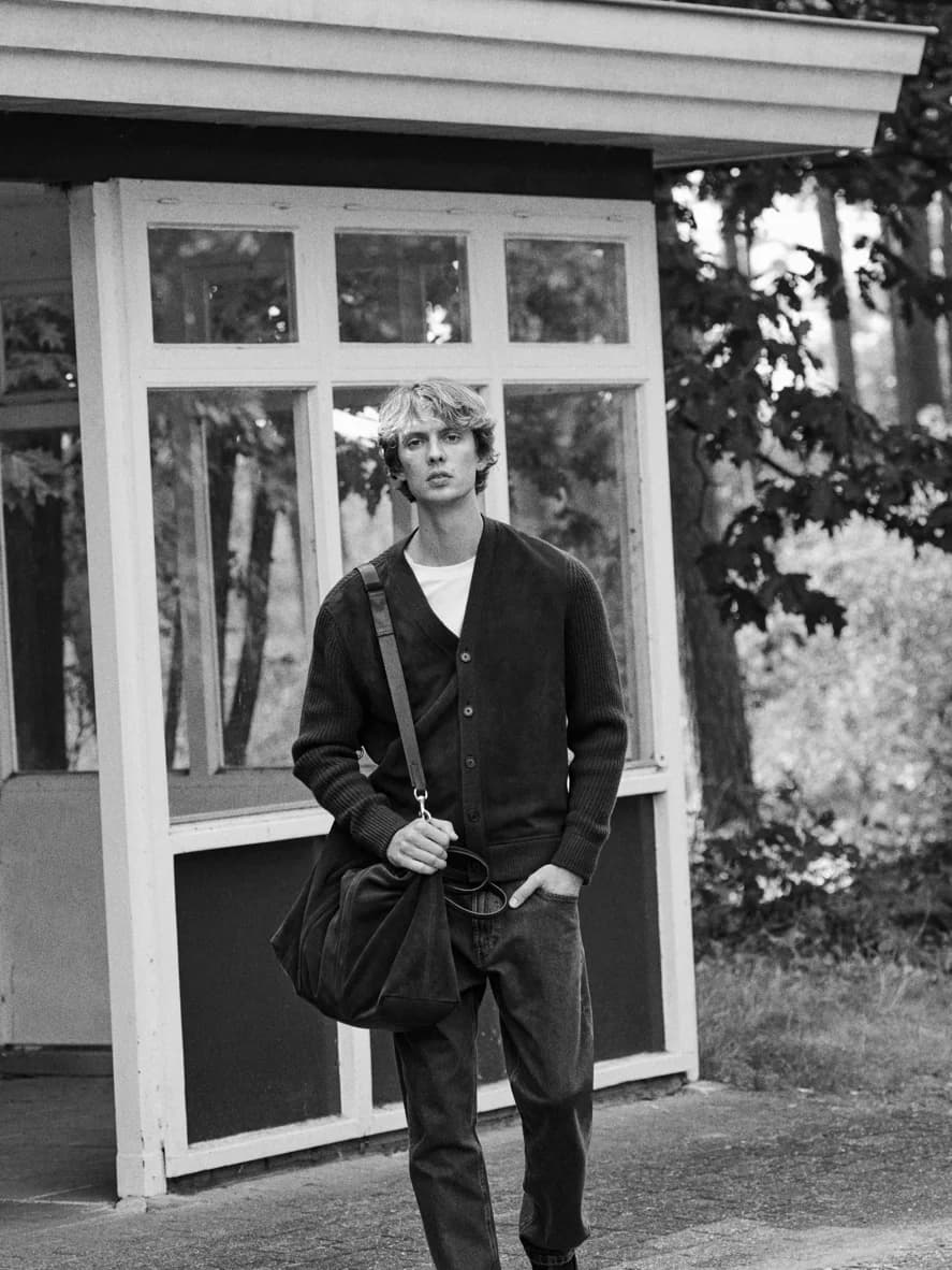 Men's Dark Brown Suede V Neck Cardigan — view 8