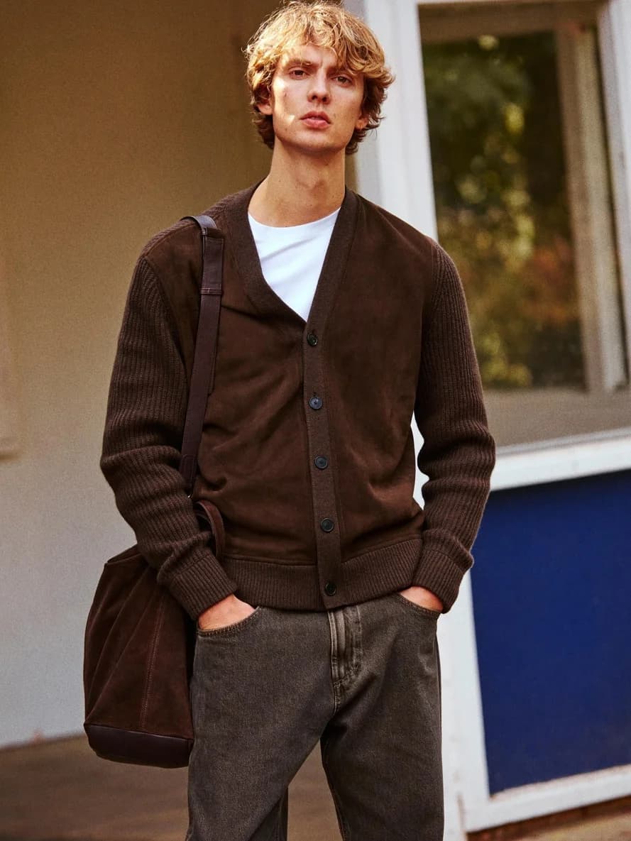 Men's Dark Brown Suede V Neck Cardigan — view 9