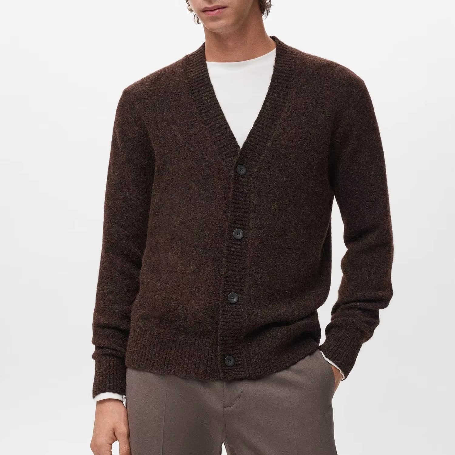 Men's Dark Brown V Neck Cardigan Button Wool Blend