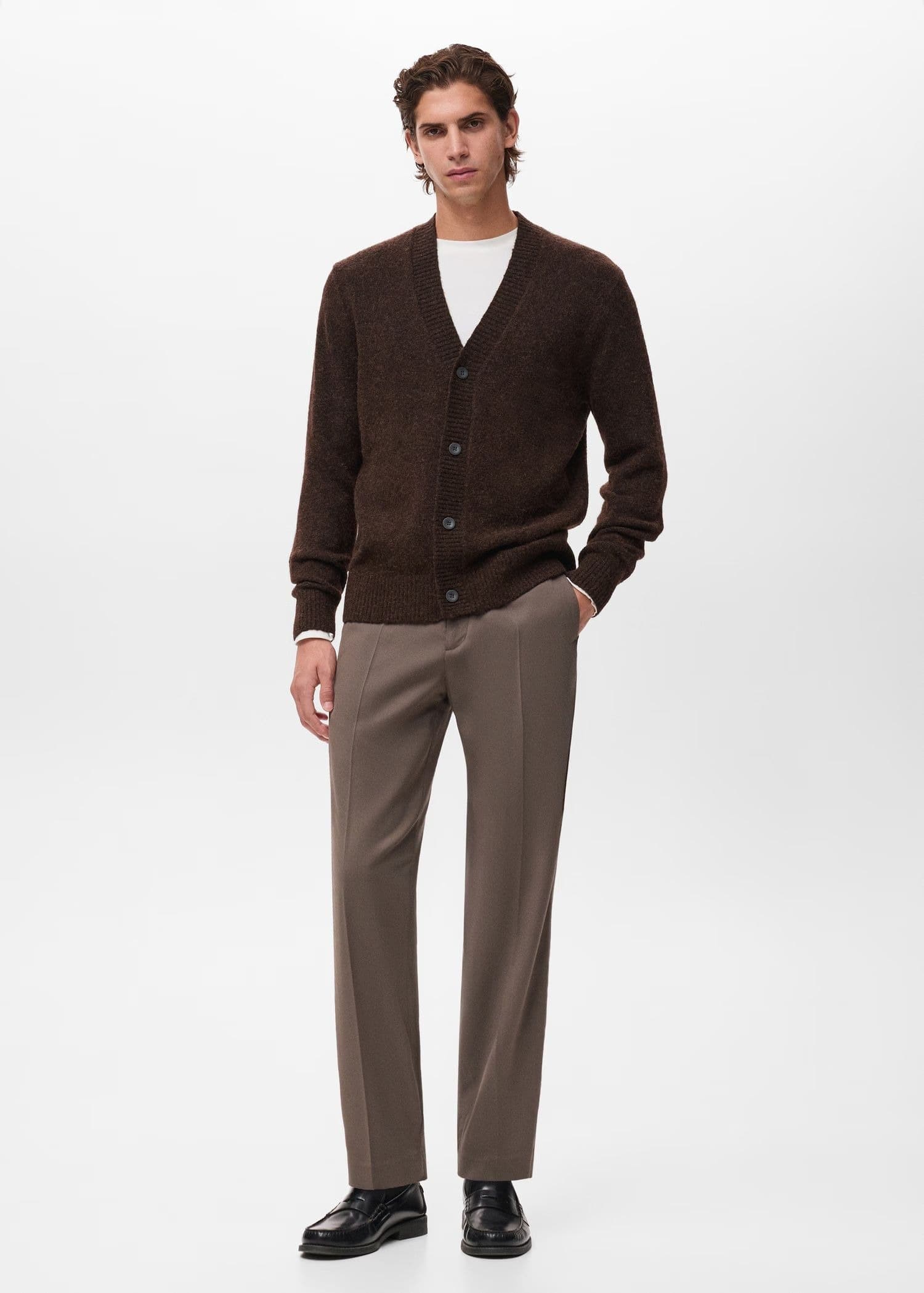 Men's Dark Brown V Neck Cardigan Button Wool Blend — view 3