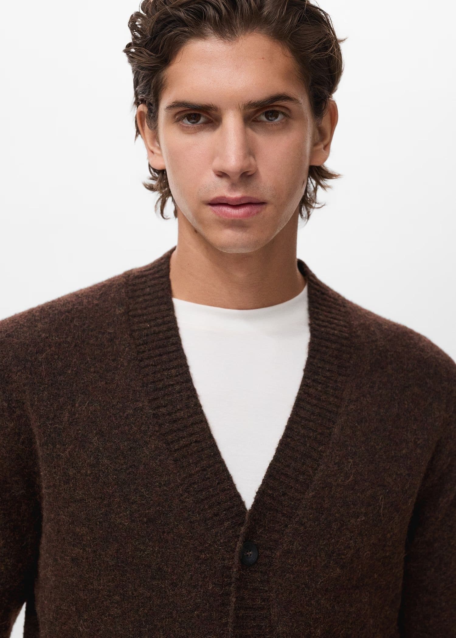 Men's Dark Brown V Neck Cardigan Button Wool Blend — view 4