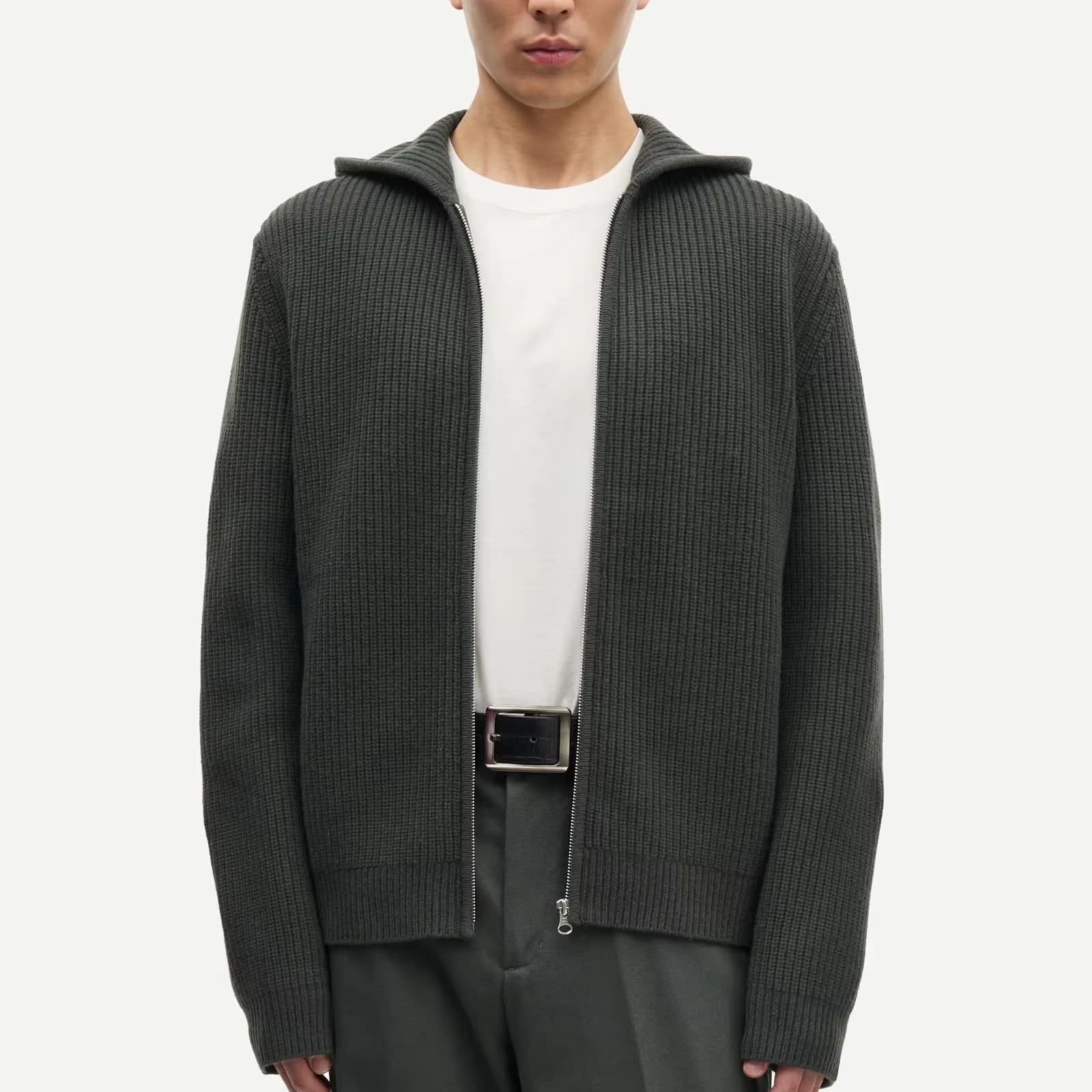 Men's Dark Green Full Zip Cardigan Neck Wool Blend Jacket