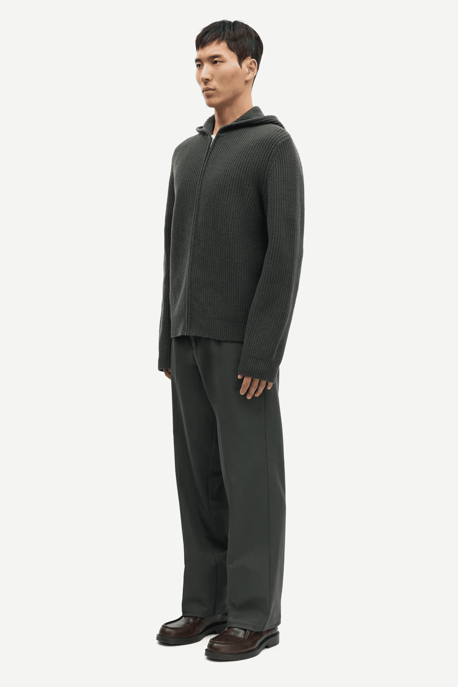 Men's Dark Green Full Zip Cardigan Neck Wool Blend Jacket — view 2