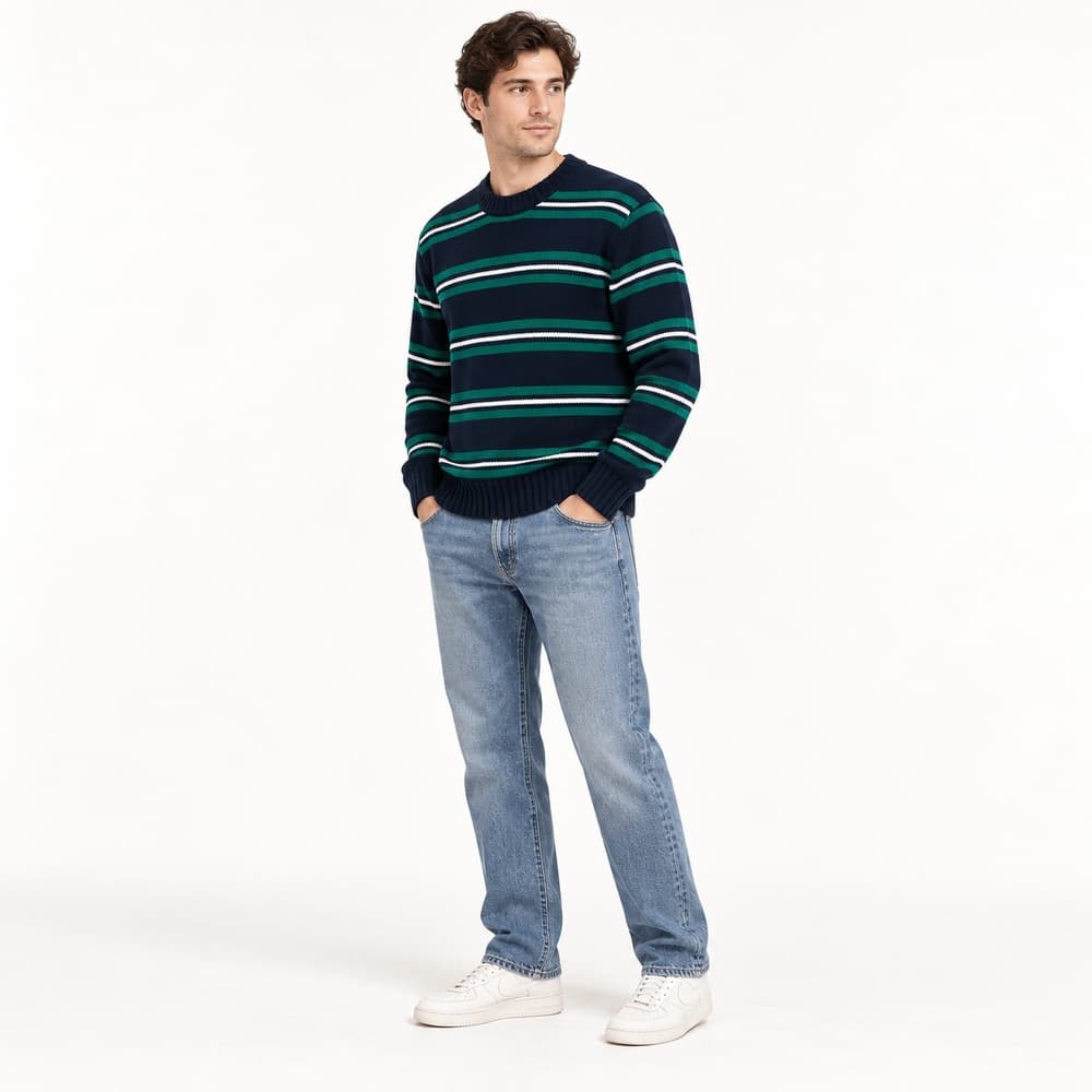 Men's Dark Green Red Striped Crew Neck Sweater — view 6